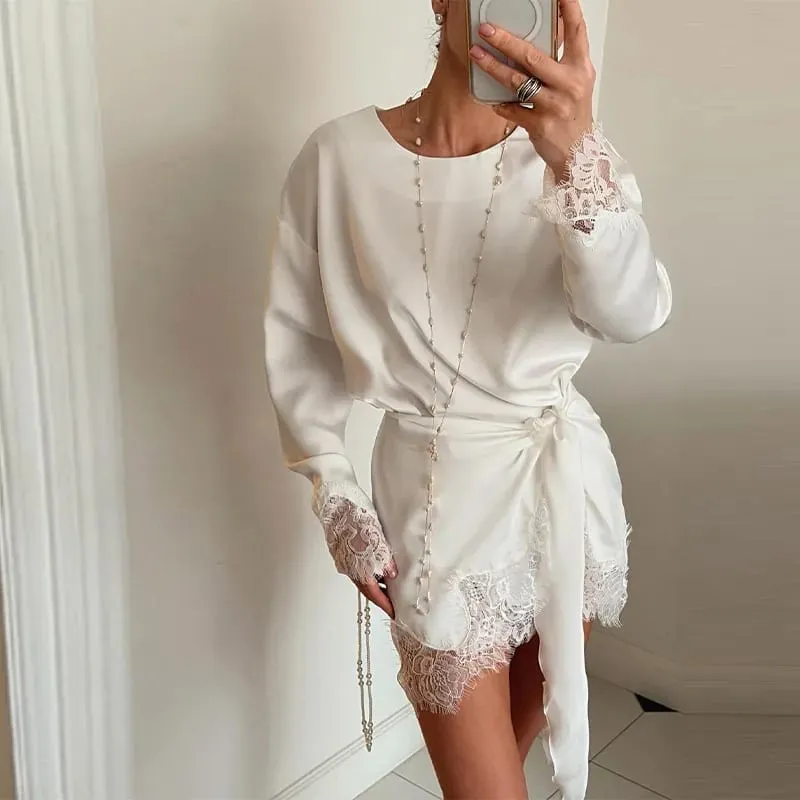 Elegant Women's Dress O-neck Full Sleeve Loose Solid Lace Hem Female Short Dresses 2026 Spring Summer New Sexy Fashion Lady Robe