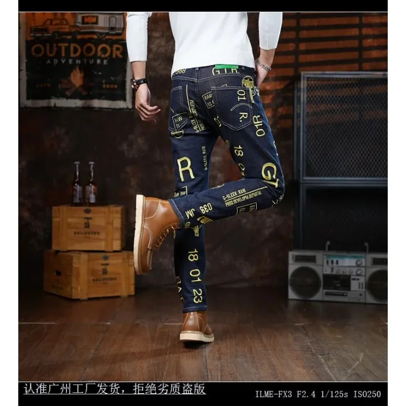 High end 2025 autumn new slim fit small leg pants for men personalized embroidery printed fashion trend jeans