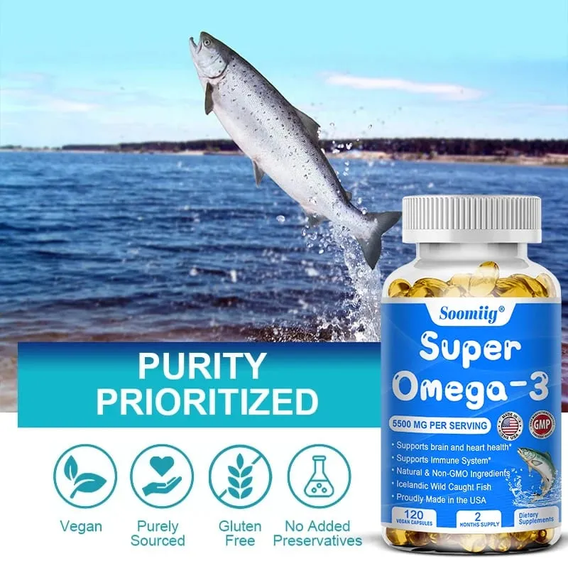 Cápsulas de triple potencia Aceite de pescado Omega-3 + DHA + EPA: apoya la salud de las articulaciones, el cerebro y los ojos Mejora la función inmune Antioxidante
