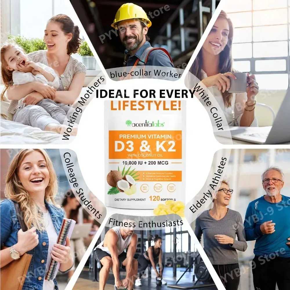 Acentiallabs Premium Vitamin D3 K2 Softgels kosttilskud Kokosolie Vitamin D3 AK2 bløde kapsler til immunstøtte til voksne