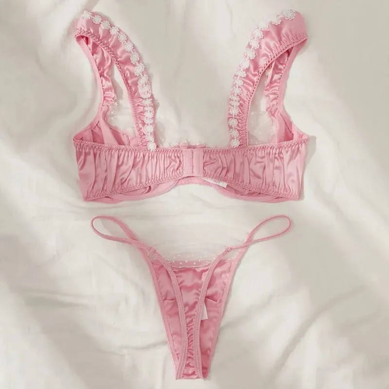 Sweet Pink Satin Lingerie Set Lace Floral Bra Luxury Underwear Bridal Intimate Lingerie Polka Dot Mesh Splicing Sexy Lingerie