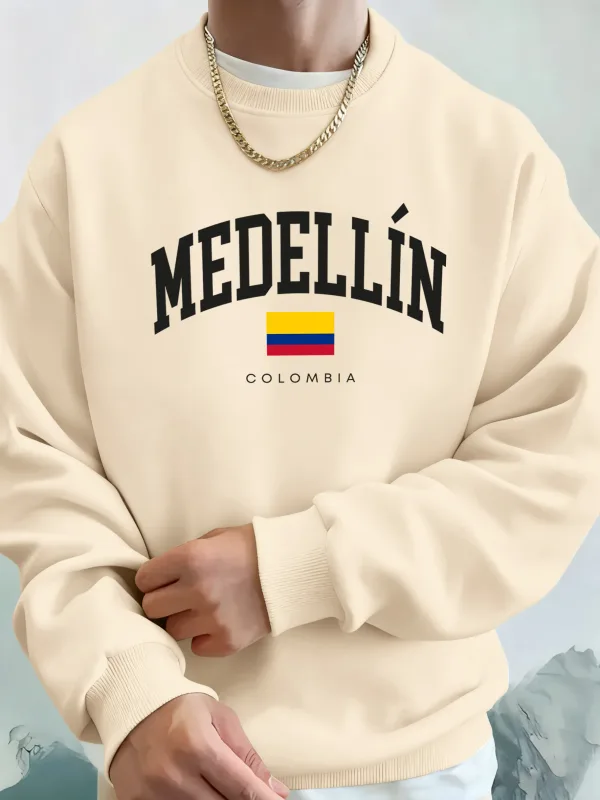 Medellin Colombia Letter And Flag Printed Men'S Hoodies Comfortable Fleece Sweatshirts Soft Fashion Tops Street Warm Clothes
