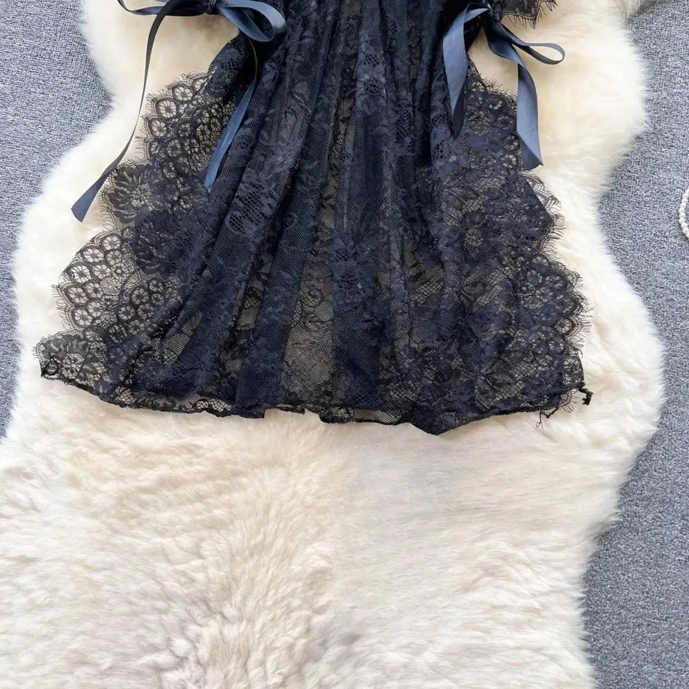 Fashion Lace Mesh Sensual Comfortable Mini Dress Women V Neck Lace-up Black Dress Sexy Party Hotsweet New