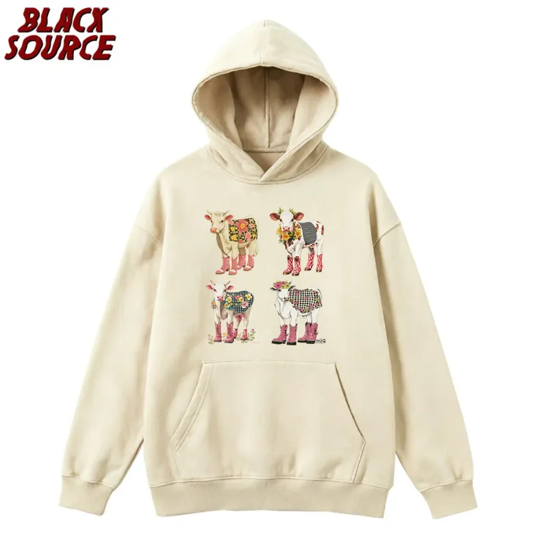 T078 Cute Cartoon Cow Print Hoodie, Washed Neutral Style Pullover Sweatshirt, Fashion Trend Casual Streetwear Daily Wear