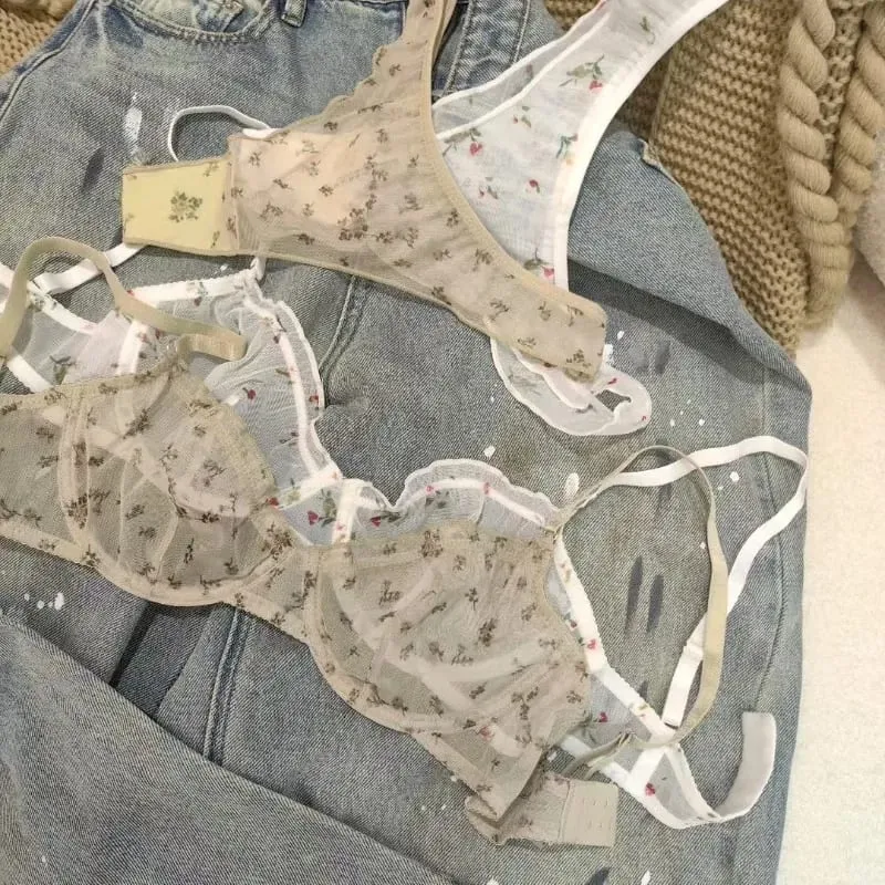 Women Floral Print Lace Lingerie Set French Ultra Thin Breathable Soft Bralette Intimate Underwear