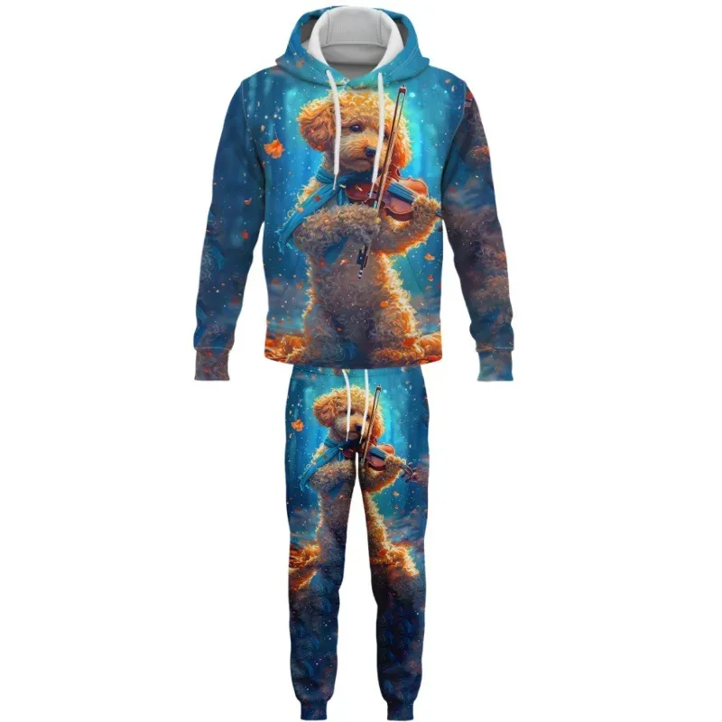 Moda animales perro 3D impreso otoño Sudadera con capucha traje hombres sudaderas pantalones de chándal Casual dos piezas conjunto de chándal ropa de hombre