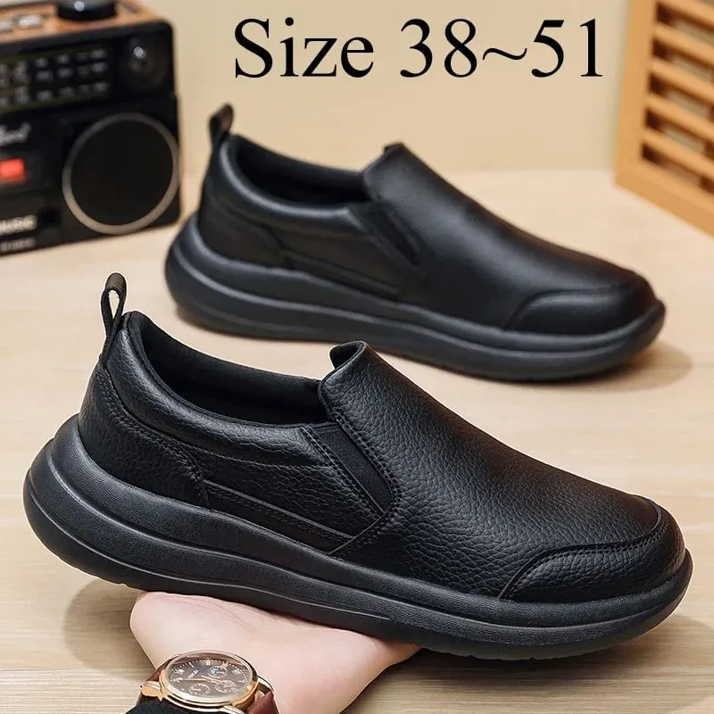 Men's Comfortable Slip-On Leather Sneakers Casual Sports Walking Shoes Waterproof Black Athletic Plus Big Size 48 49 50