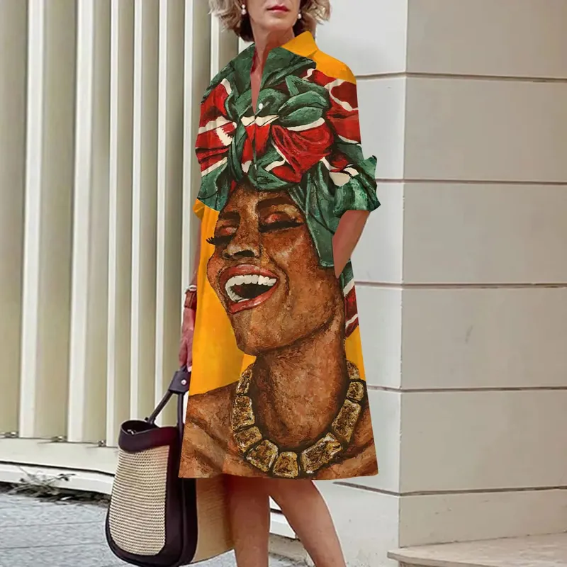 Zomer Nieuwe Damesjurken Mode Karakter Kunst Patroon Losse Grote Maat Casual Temperament Commuter Onregelmatige Lange Rok Tops