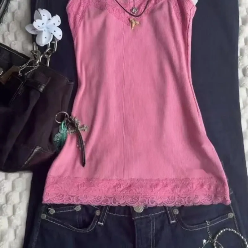 2000s Harajuku Vintage Hot Girl Slim Tanks Y2k American Retro Sexy Camis Summer Japanese Sweet Lacce Solid Sleeveless Tops Chic