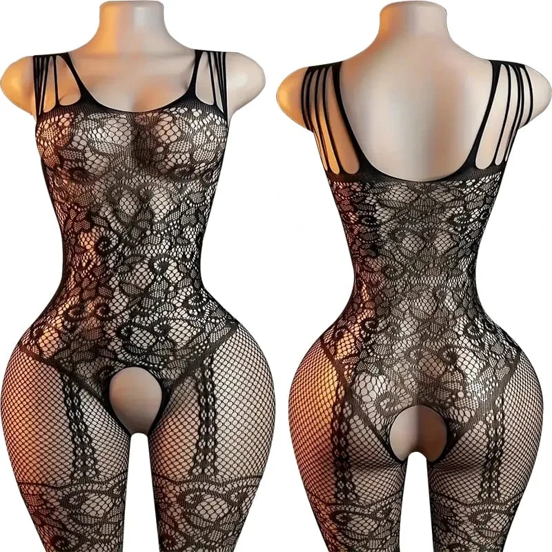 Black Fishnet Off-Shoulder Open-Crotch Bodystocking Lingerie Set Sexy Crotchless Teddy Bra Women's Erotic Underwear