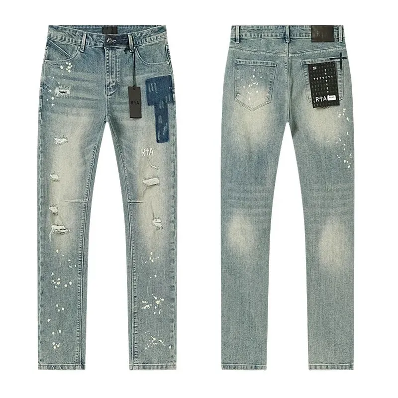 New RTA Destroyed Scratch Hole Light Blue Distressed Jeans Men's High Street Elastic Slim Fit Jeans 2026 Brand Pants Streetwear