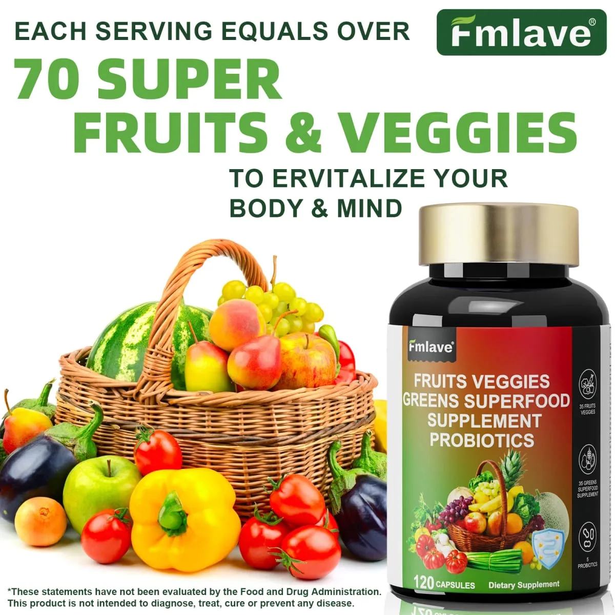 Fmlave Fruits and Veggies Supplement Reds & Green Superfood - Balance of Over 70 Fruit & Vegetable Supplements Capsules with Probiotics Prebiotics Digestive --120Caplules — image 6