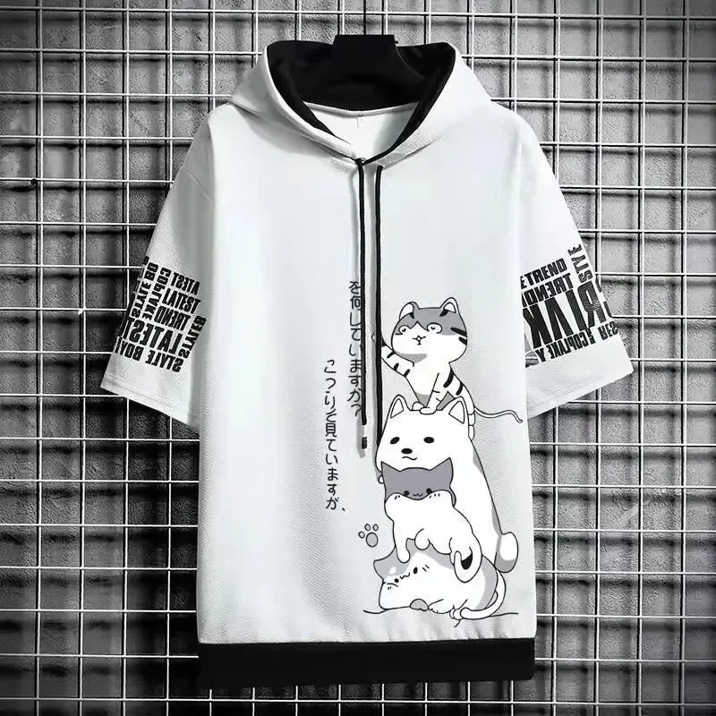 Hoodie Pria Fashion Jepang Pakaian Pria Musim Panas Atasan Bertudung Gambar Cetak Pakaian Jalanan Harajuku Kasual Kartun Kaus Pria Lengan Pendek