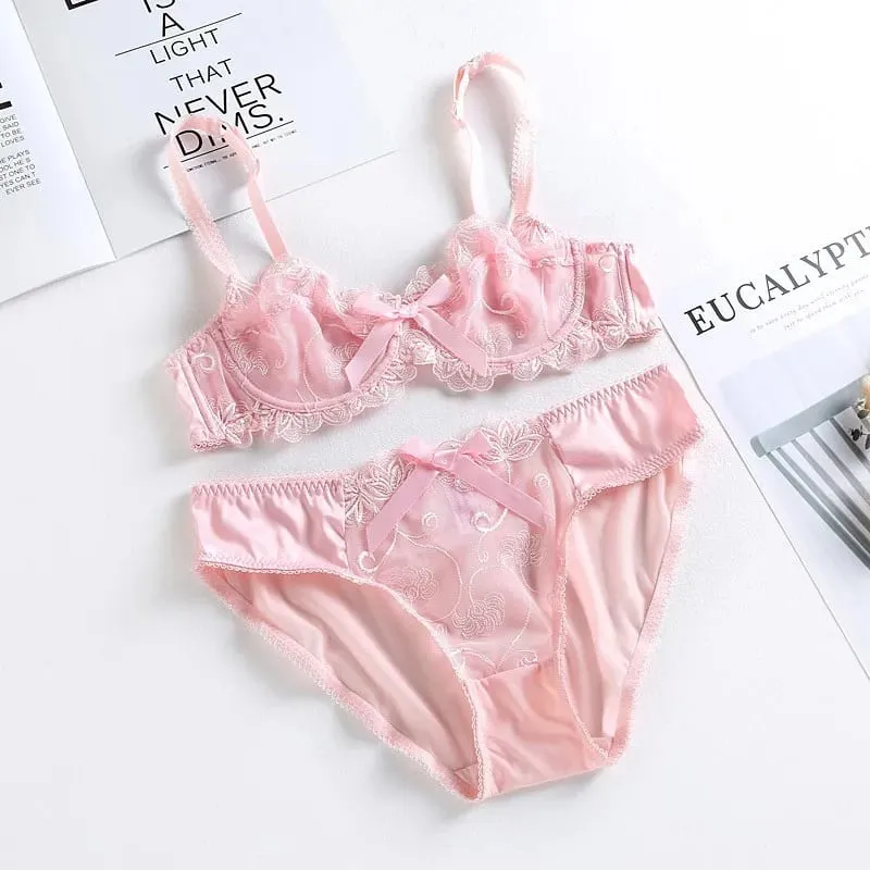 high quality sexy women bras and brief two piece set push up A B C D cup wire summer lingerie underwear pink purple white