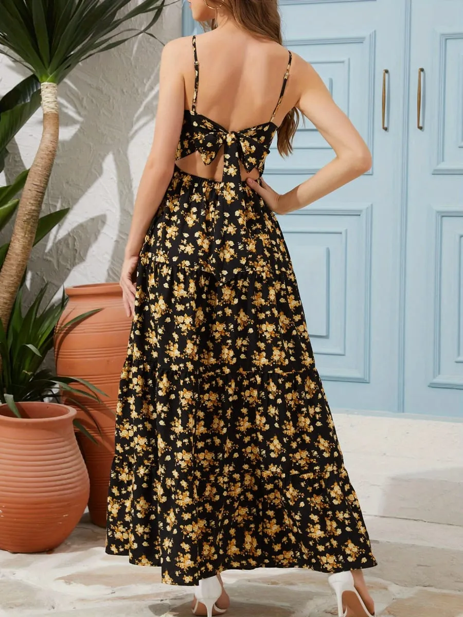 Women's V-neck Floral Print Camisole Dress—a sexy Backless Flowy Long Party Dress Featuring a Bow Detail. — image 5
