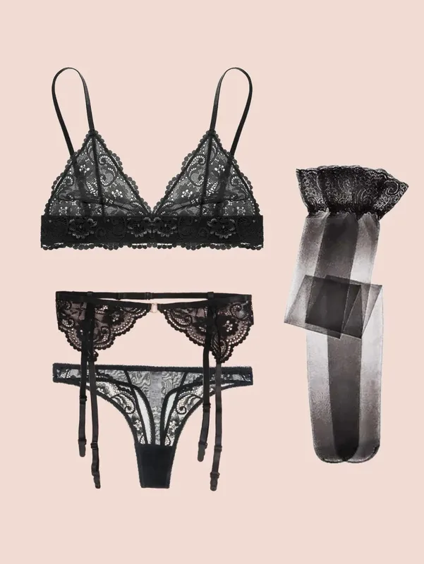Varsbaby Women Lace Bra Set Non Padded Bra Panty Garter Stockings Summer Underwear Lingerie Sexy