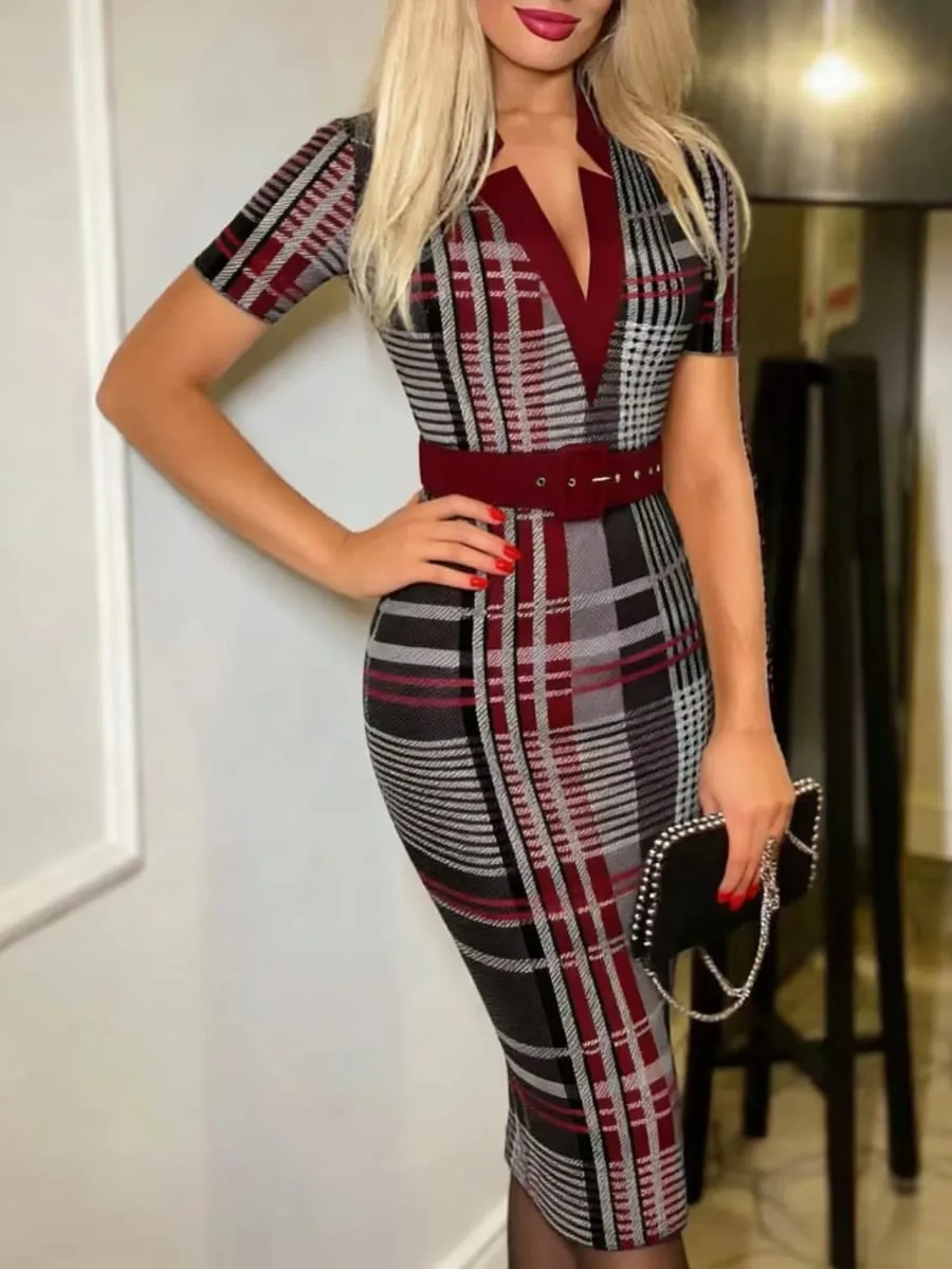 Dames sexy midi-kokerjurk met geometrisch patroon, V-hals en riem, gebreide bodycon-jurk met lange mouwen, geschikt voor alle seizoenen
