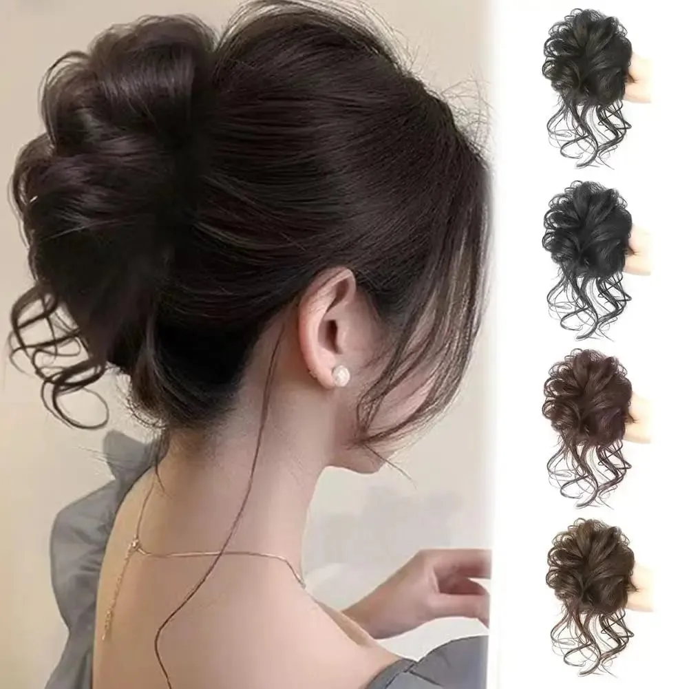 Lazy Voluminous Bun Ponytail Synthetic Hairpiece - Short Curly Fake Hair with Natural Fluffy Ends for Quick Updos Messy Buns