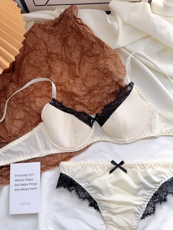 Satin Lace Lingerie Set for Women Push Up Bra & Briefs with Rabbit Ears Sensual Underwear