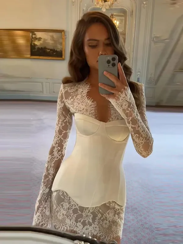 Solid Satin Lace Corset Mini Dress Women Sexy Spaghetti Strap Sheer Panel Slim Fit Short Dresses 2026 Trendy Lady Night Out Wear