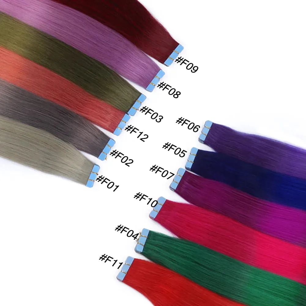 Colorful Mini Tape In Hair Extensions Human Hair Skin Weft Machine Remy Red Natural Straight 12-20 inch 10pcs Tape In Extension