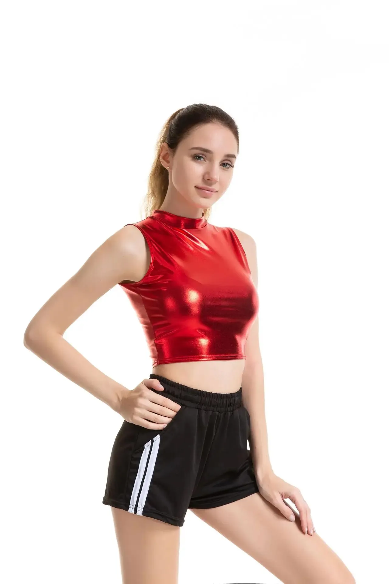 Womens Shiny Metallic Patent Leather Sleeveless Mock Neck Crop Tank Tops Camisole Night Club Party Rave Dance Costume Clubwear