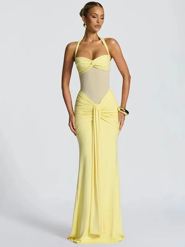 Mozision Halter, hát nélküli szexi maxi ruha női divatos patchwork, váll nélkül, ujjatlan, rovátkolt, drappos Bodycon klubruha