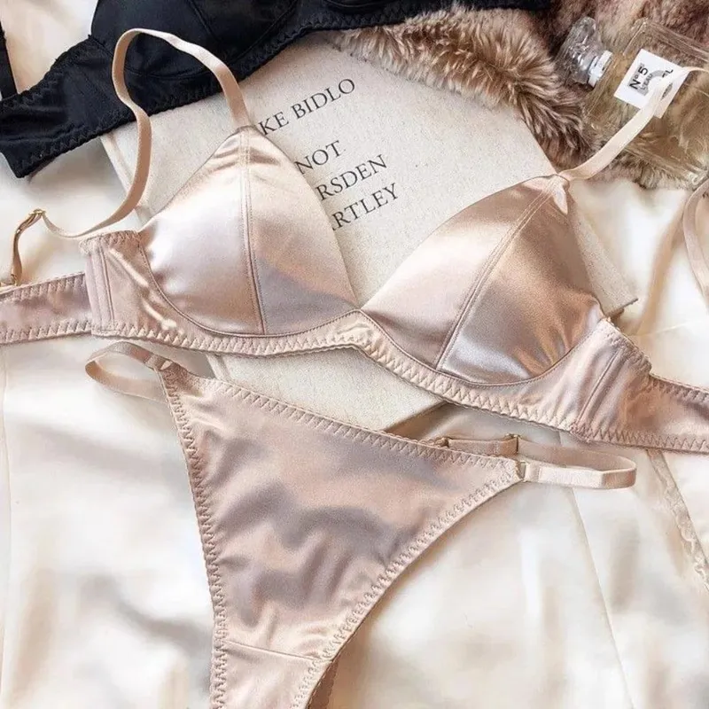 French Style Satin Triangle Cup Bra Set Women Sexy Thin Wireless Seamless Lingerie Light Lift Comfort Brassiere Underwear 32-38