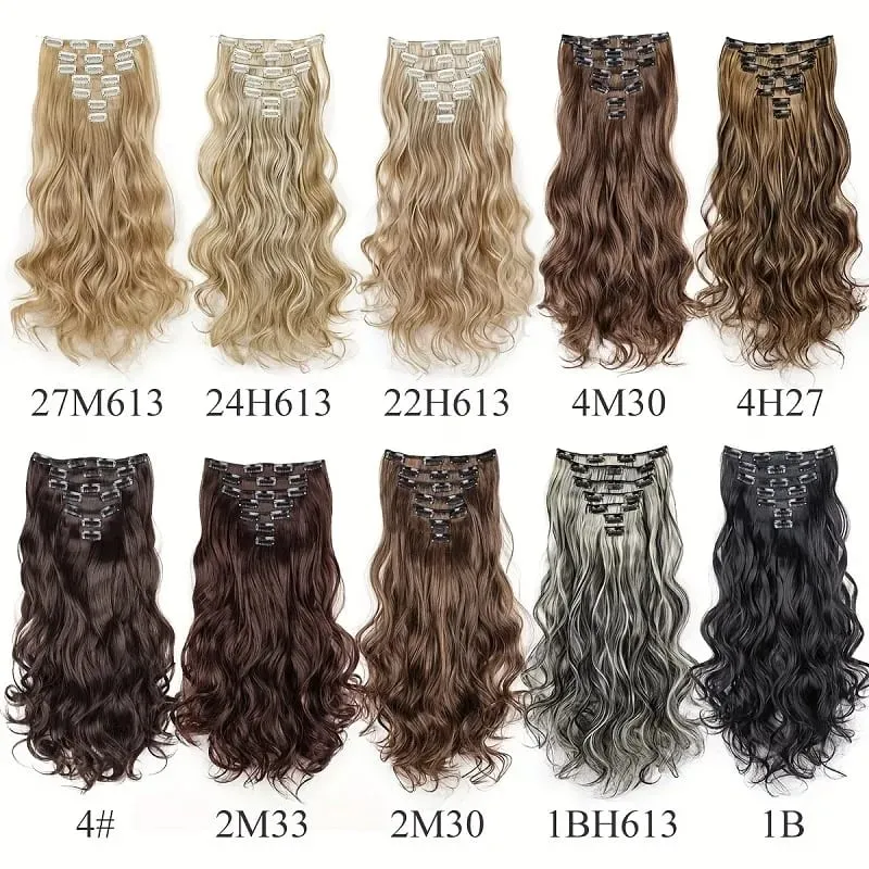 24Inch Synthetic Long Wavy Curly Hair Extension 7pcs/set Soft Invisible Cilp Thick Fluffy Hairpiece for Women Daily Use