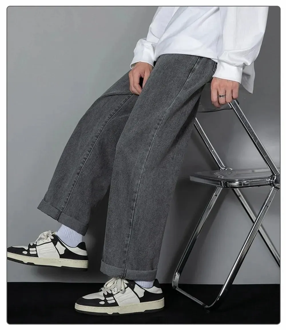 Jeans Panjang Kasual Pria Warna Solid Korea Celana Lebar Denim Lurus Empat Musim Pria Klasik Celana Lebar Biru Muda Abu-abu Hitam 3XL