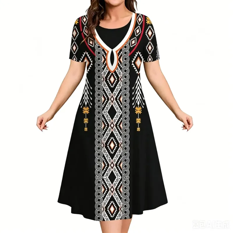 2026 New Women Dresses 3D Flowers Pattern Print Short Sleeve Loose Dress Casual Fashion A-Line Dress Summer Plus Size Dresses