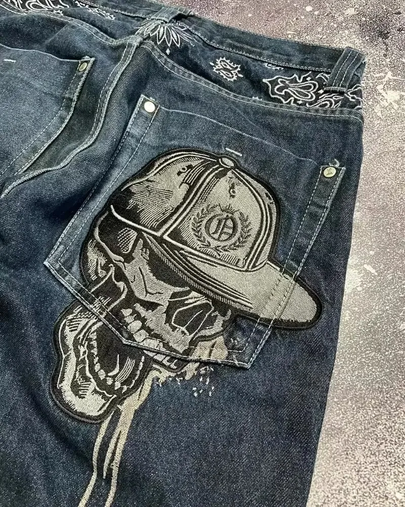 American Y2K Hip Hop Fashion Trend Skull Embroidery Spot Jeans Men Street Loose Straight Wide-leg Pants Couple Oversized Jeans