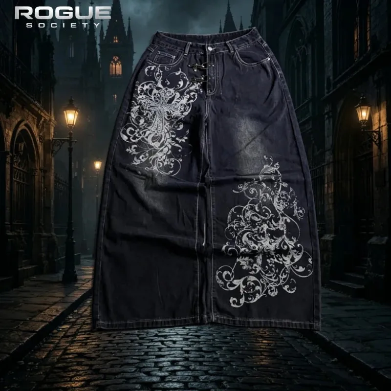 Summer Y2K Vintage Cross Print Denim Pants Men Gothic Wide Leg Baggy Straight Harajuku Trousers Grunge Streetwear Jeans Unisex