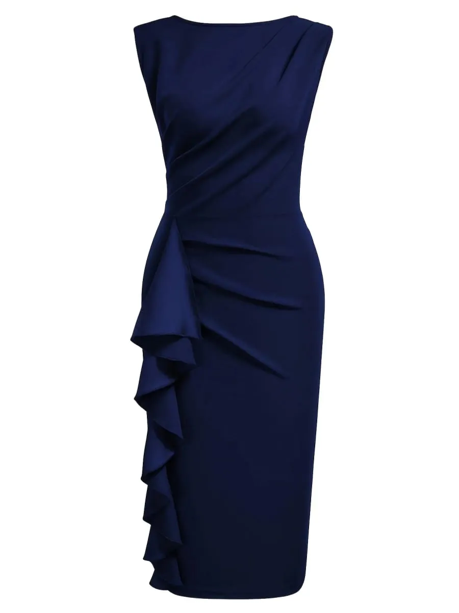 Women Elegant Round Neck Sleeveless Vintage Slim Work Office Cocktail Party Business Ruffle Casual Sheath Bodycon Pencil Dress