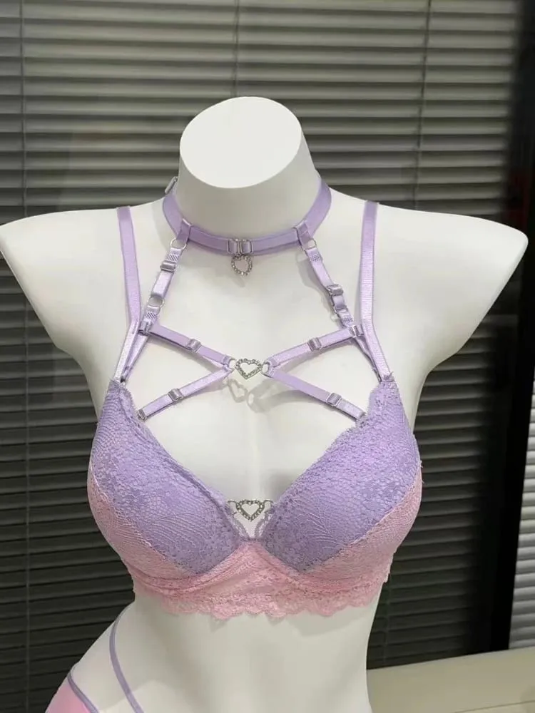 Chic Hollow Lace Tie Strap Lingerie Set Sexy Push Up Brassiere Gathering Ladies Fashion Inner Underwear Set 32 34 36 38