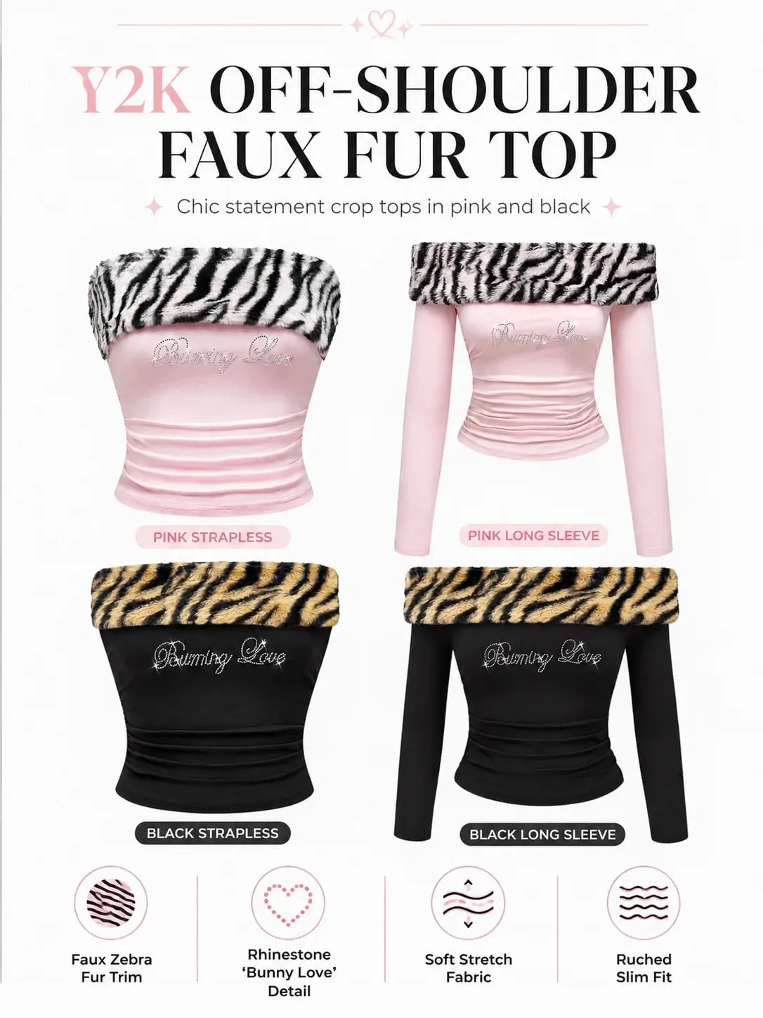 Women Y2K Tiger Print Faux Fur Trim Off Shoulder Top Rhinestone Burning Love Lettering Ruched Waist Fitted Bodycon Cropped Long Sleeve Bardot Tube Top Baddie Going Out Party Club，christmas valentine halloween cosplay costume plus size petit