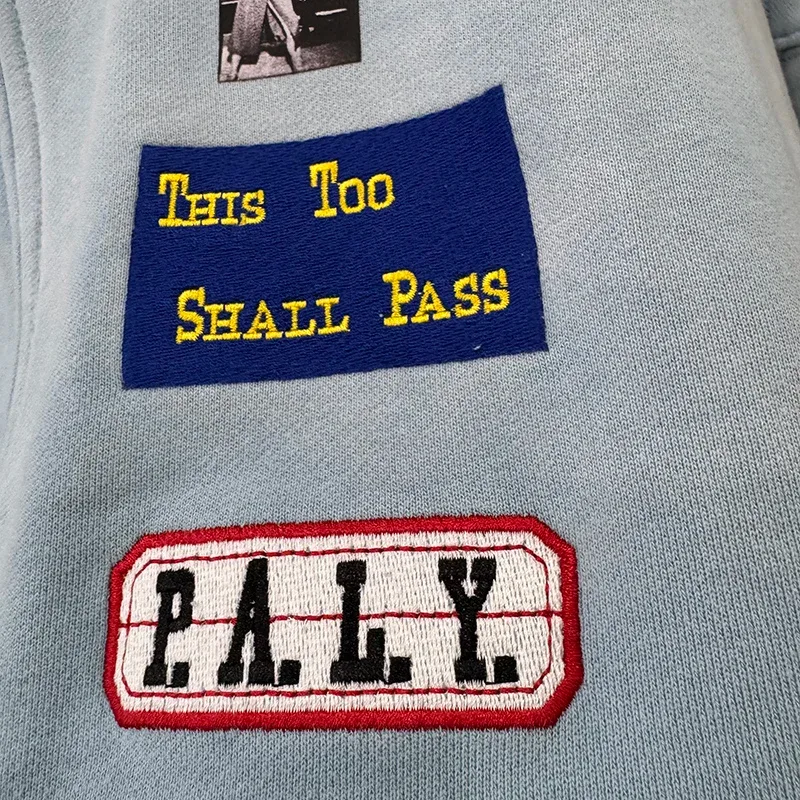 Light Blue PALY Letter Crystal Hoodie Ripped Washed Fashion Patch High Street Casual Men Women 1:1 Zipper Sweatshirts