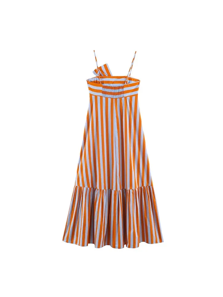 Fashion Women Stripes Print Sling Dress Sleeveless Bow Front Loose Fit Backless Long Dresses Chic Lady Holiday Robe — image 3