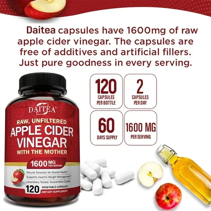 Cuka Cider Epal 1600 mg dengan Ibu untuk Penghadaman yang Sihat Menurunkan Berat Badan dan Tenaga