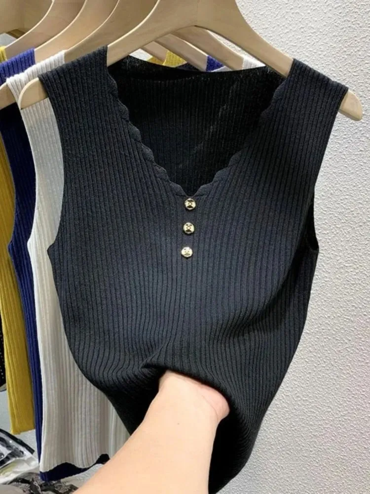 Ice Silk Knit Cami Top Women V Neck Sleeveless Slim Fit Elegant Tank Top Summer Outerwear Blazer Inner Layering Fashion Vest