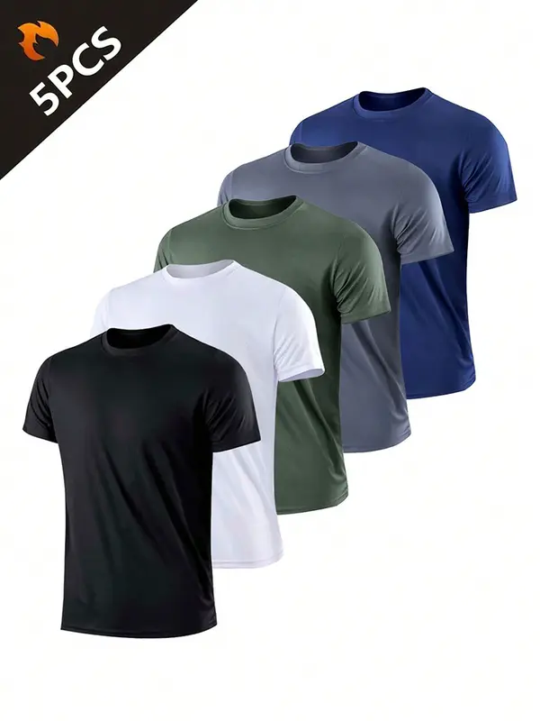 5PCS Men's Solid Color Ultralight Quick Dry Sport T-Shirt Breathable Lightweight Top For Fitness Training Workout Running Gym