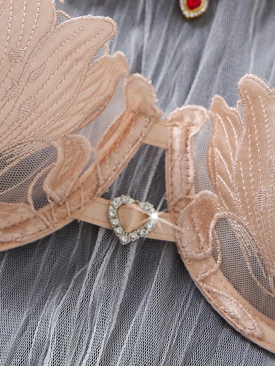 champagne Floral Embroidery Lingerie Set Satin Mesh Underwire Bra Thong Women Intimate Underwear Honeymoon Boudoir ZA824031