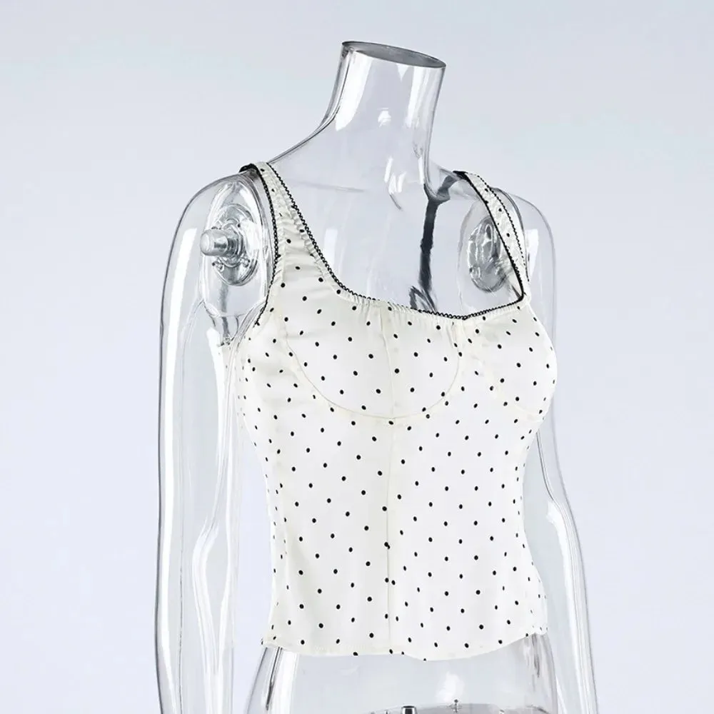 Street Chic Spaghetti Strap Polka Dot Tank Top Square Neck Slim Cropped Sleeveless Silk Vest Off-shoulder Lace Camis Female