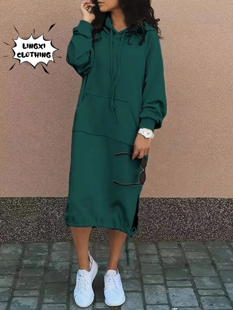 Gaun Panjang Hoodie Hangat Belahan Saku Elegan Berkerudung Besar Jubah Sweter Wanita Baru Mode Musim Gugur dan Musim Dingin 2023