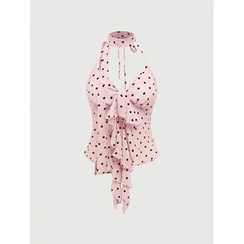 Y2K Spicy Girl Sleeveless Tank Vest Women 2026 Summer American Pure Desire Polka Dot Halter Tie Bow Asymmetric Slim Cami Top