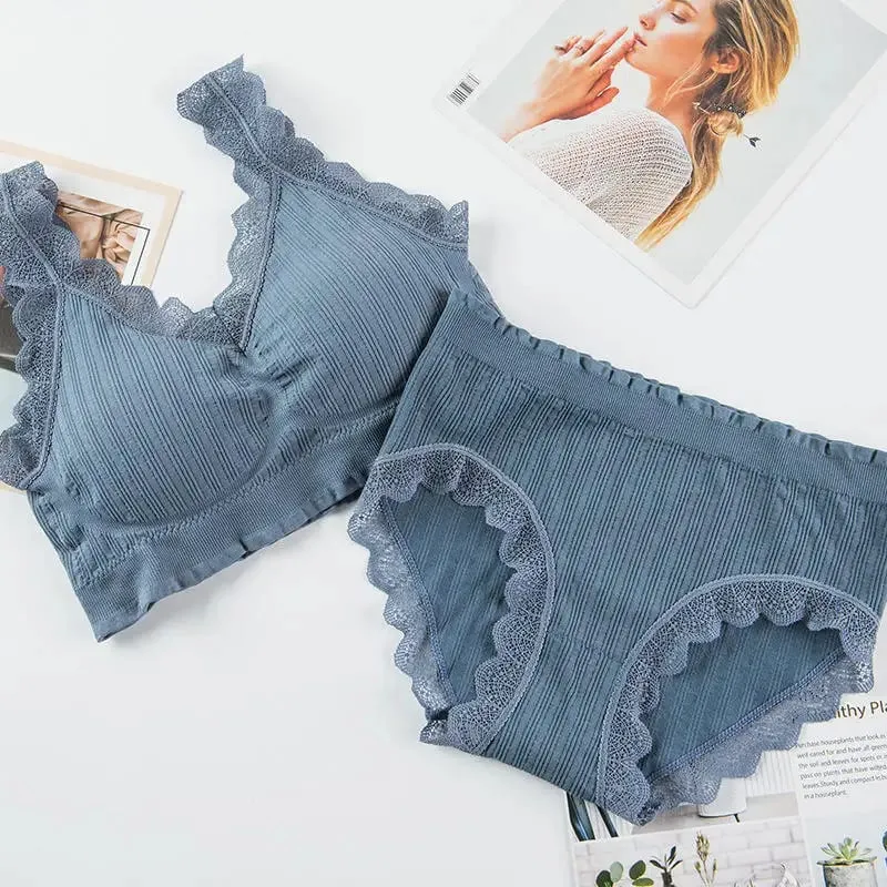 2025 Seamless Lace Back Bra Set U-Shape Sexy V-Neck Women's Underwear Full Cup Fixed Strap Home Clothes No Brand Registered