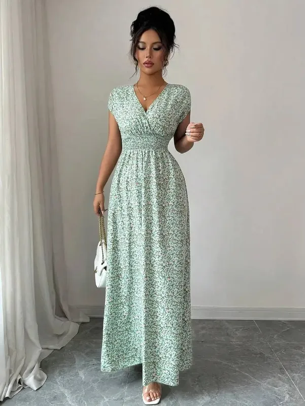 Women's Ditsy Floral V-Neck Sleeveless Waisted Maxi Dress