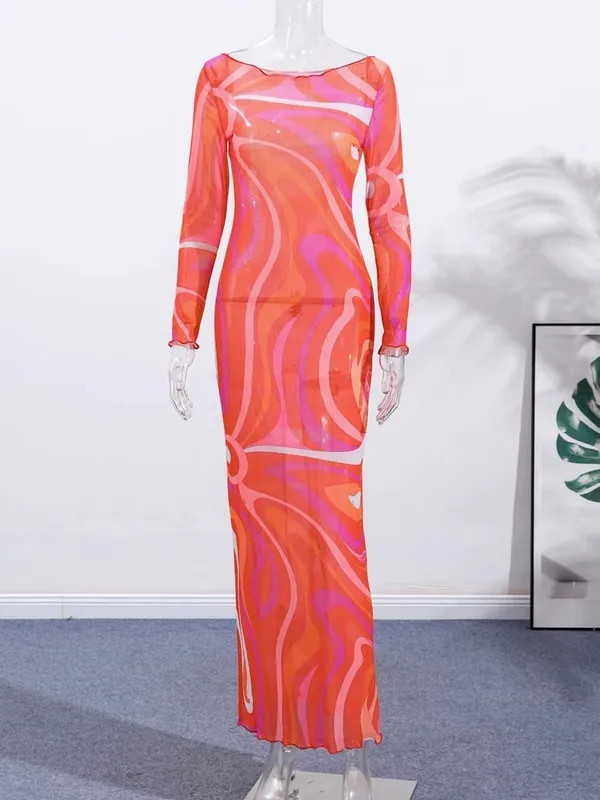 Elegant Print Mesh Long Dress For Women Sexy Deep O-neck Sleeveless Perspective Maxi Dress Lady Summer Chic Beach Robes