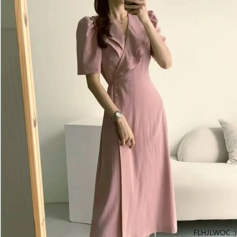 Sydkorea Chic midiklänning Kvinnor Sommar Japanstil Retro Vintage Design Volanger Rosa One-Piece Spetsklänning FLHJLWOC Vestidos