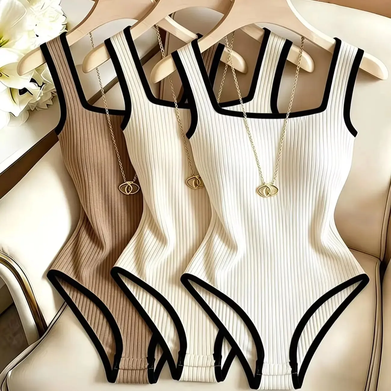 3pcs Women's Ribbed Bodysuit Set Fashionable Black Piped Square Neck Waist-Cinching Style Summer Nightlife Wear Elegant Beach Ou